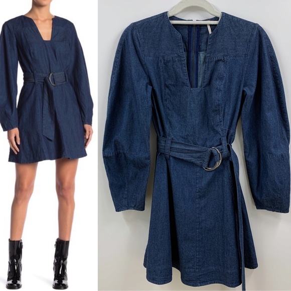 Free People Karmen Denim Tie Belt Mini Dress Sz XS - Picture 1 of 12